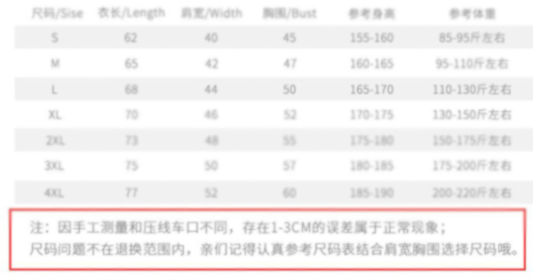 服裝尺寸誤差提示范例