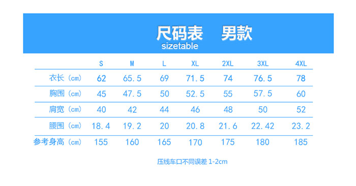 2021年深圳定做短袖翻領(lǐng)POL衫新款之男款尺寸表